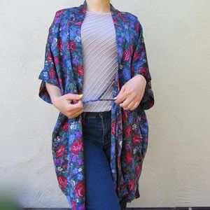 Vintage Kathryn Satin Floral Print Kimono Robe
